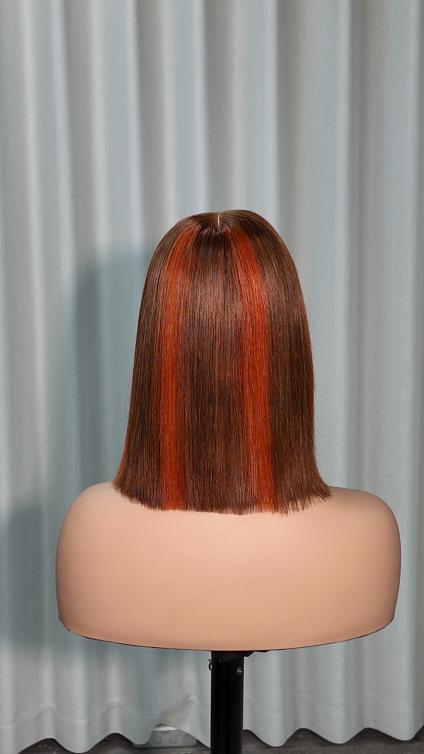 Back view of Worry Freeshop 10 inch brown bob with copper orange highlights human hair wig