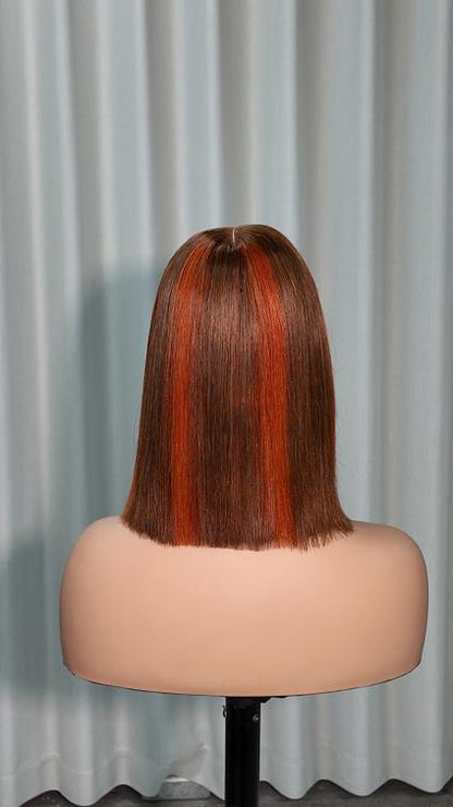 Back view of Worry Freeshop 10 inch brown bob with copper orange highlights human hair wig