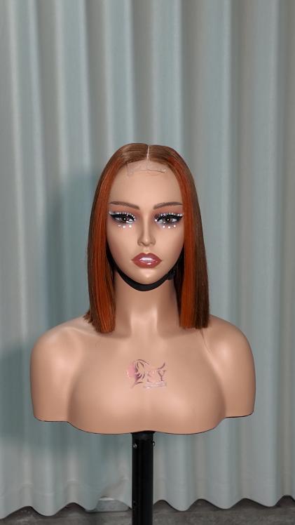 Front view of Worry Freeshop 10 inch brown bob with copper orange highlights 2x6 lace human hair wig