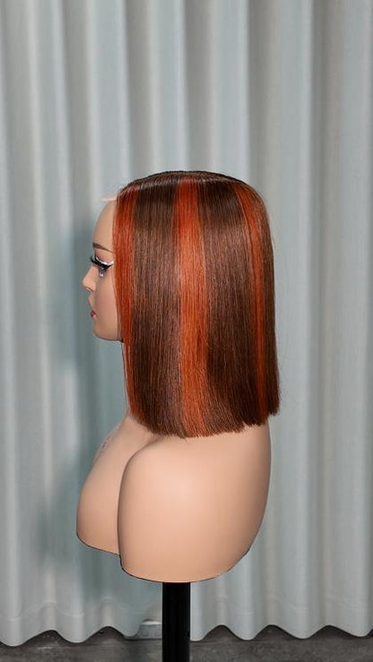 Side view of Worry Freeshop 10 inch brown bob with copper orange highlights human hair wig