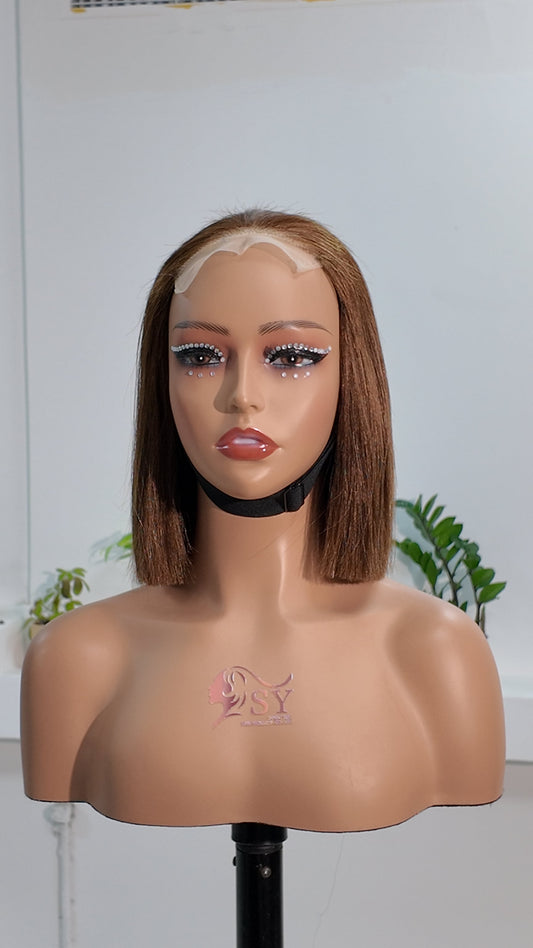 Front view of Worry Freeshop 10 inch brown lace front straight bob human hair wig