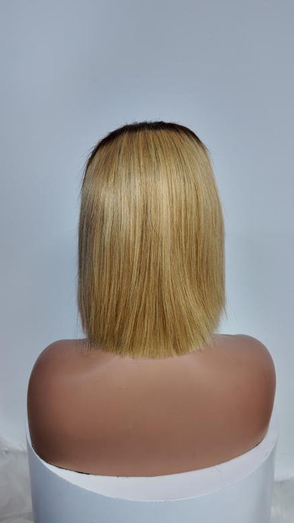 Back view of Worry Freeshop 10 inch brown root blonde straight bob human hair wig