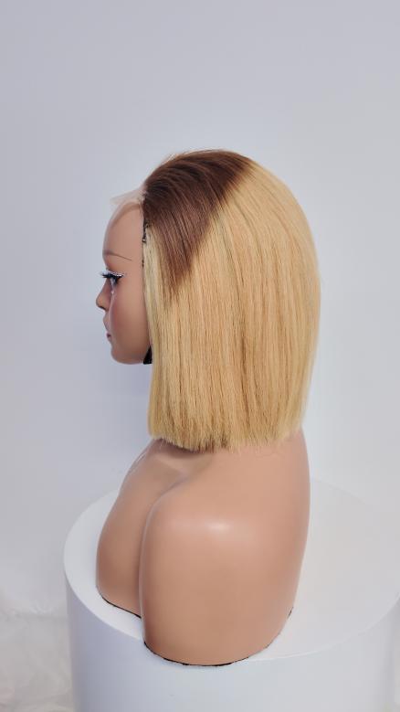 Side view of Worry Freeshop brown root blonde straight bob human hair wig