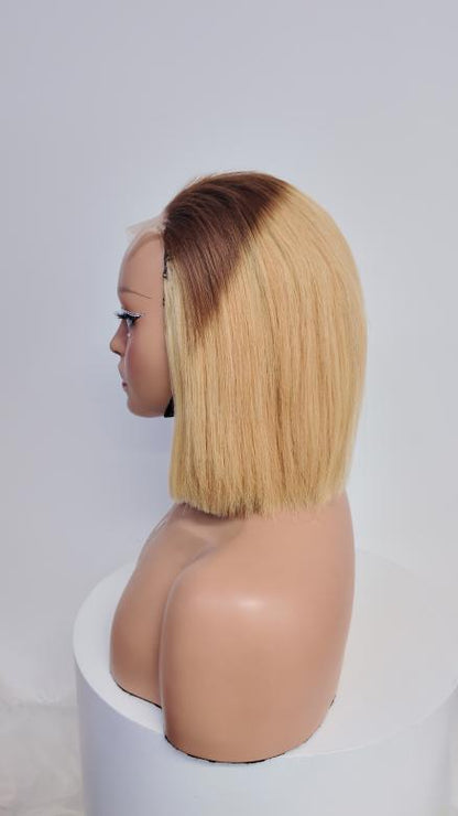 Side view of Worry Freeshop brown root blonde straight bob human hair wig