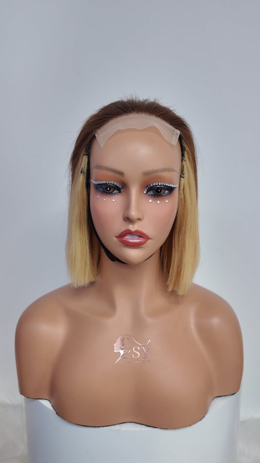 Front view of Worry Freeshop 10 inch brown root blonde lace front straight bob human hair wig