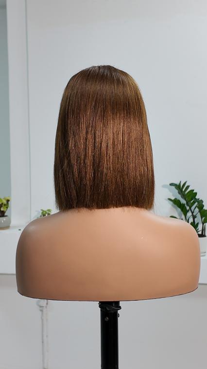 Back view of Worry Freeshop 10 inch brown straight bob human hair wig
