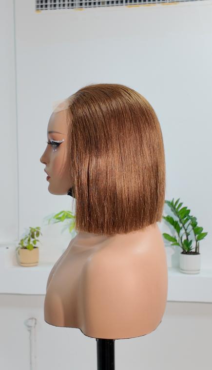 Side view of Worry Freeshop 10 inch brown straight bob human hair wig