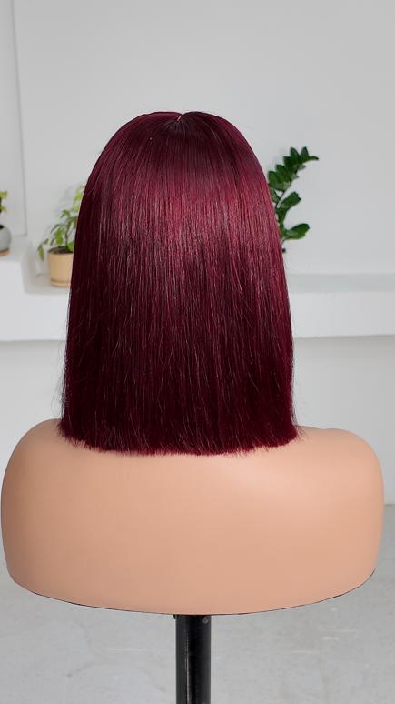 Back view of Worry Freeshop 10 inch burgundy red straight bob human hair wig