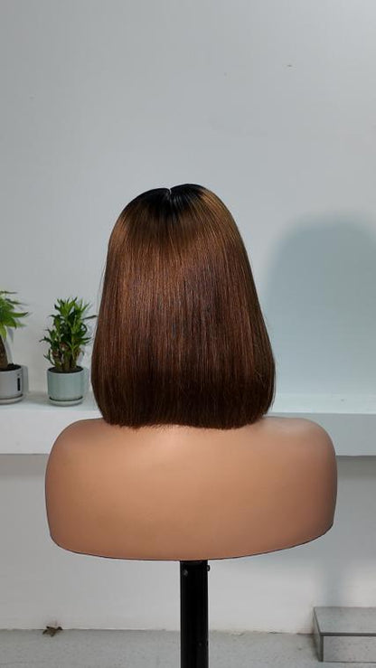 Back view of Worry Freeshop 10 inch dark root chestnut brown straight bob with bangs human hair wig