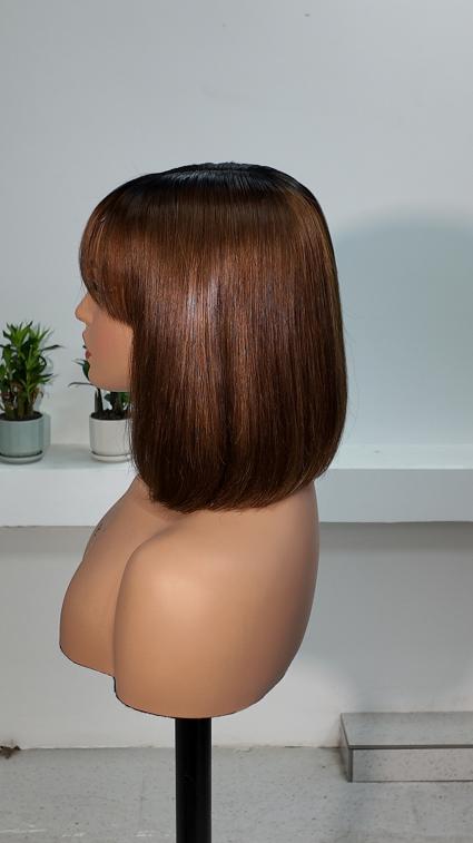Side view of Worry Freeshop 10 inch dark root chestnut brown bob with bangs human hair wig