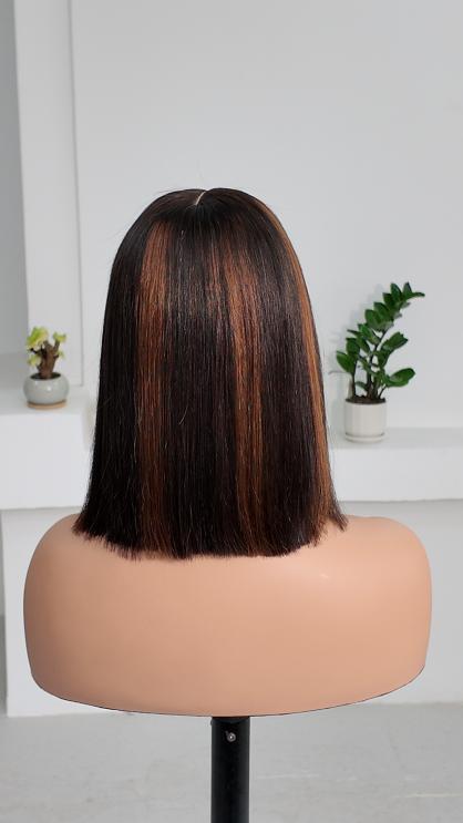 Worry Freeshop 10 inch chocolate brown bob with cinnamon highlights human hair wig back view