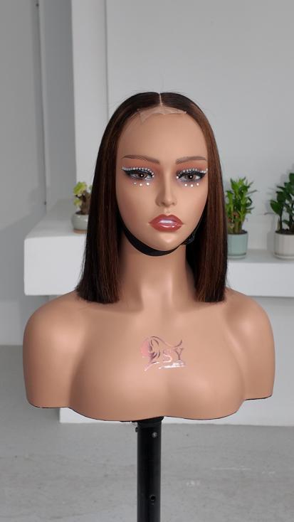 Worry Freeshop 10 inch chocolate brown bob with cinnamon highlights 2x6 lace human hair wig front view