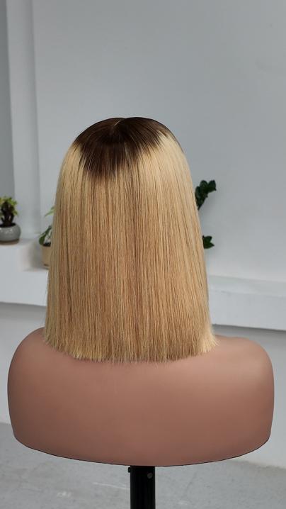Worry Freeshop 10 inch dark root blonde straight bob human hair wig back view