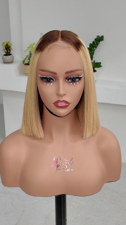 Worry Freeshop 10 inch dark root blonde straight bob 2x6 lace human hair wig front view