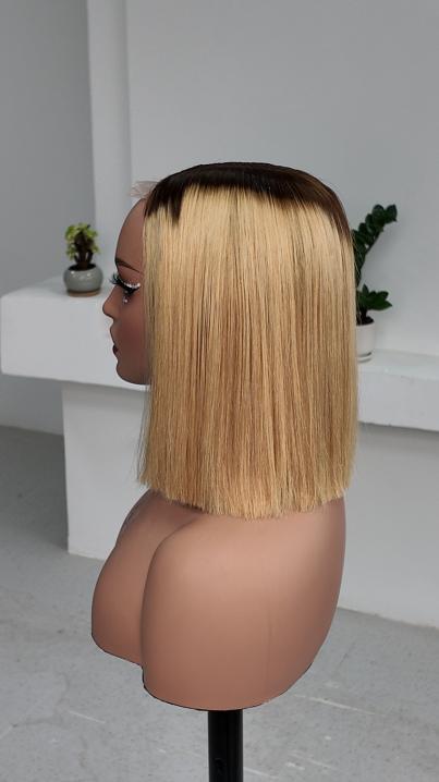 Side view of Worry Freeshop 10 inch dark root blonde straight bob human hair wig