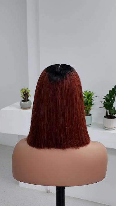 Worry Freeshop 10 inch dark root burgundy red straight bob human hair wig back view