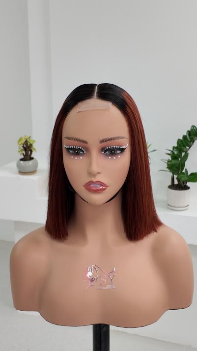 Worry Freeshop 10 inch dark root burgundy red 2x6 lace human hair bob wig front view