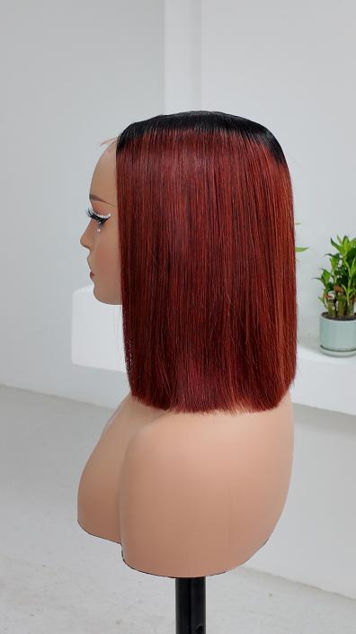 Side view of Worry Freeshop 10 inch dark root burgundy red straight bob human hair wig