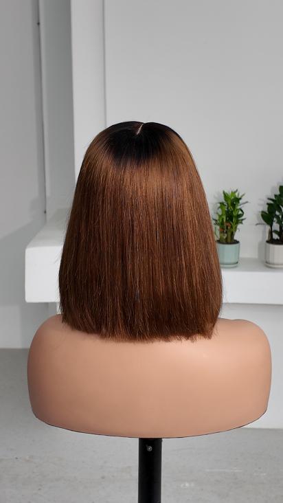 Worry Freeshop 10 inch dark root chestnut brown straight bob human hair wig back view