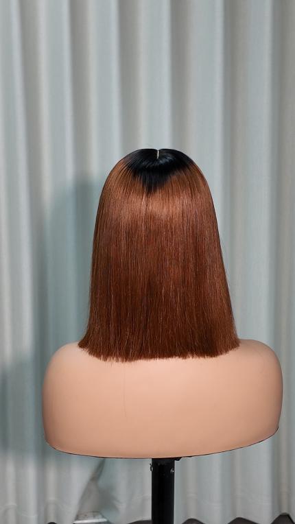 Back view of Worry Freeshop 10 inch dark root chestnut brown straight bob human hair wig