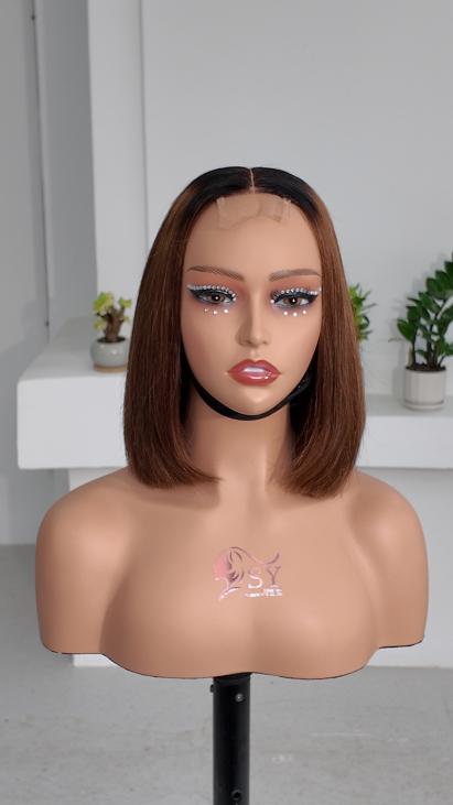 Worry Freeshop 10 inch dark root chestnut brown 2x6 lace human hair bob wig front view