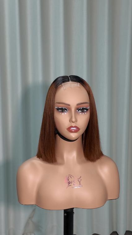 Front view of Worry Freeshop 10 inch dark root chestnut brown 2x6 lace human hair bob wig