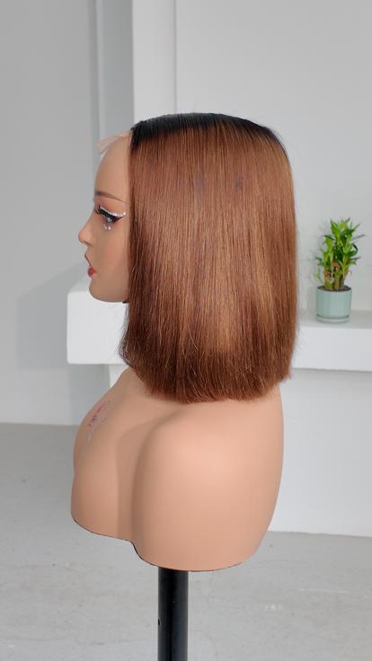 Side view of Worry Freeshop 10 inch dark root chestnut brown straight bob wig
