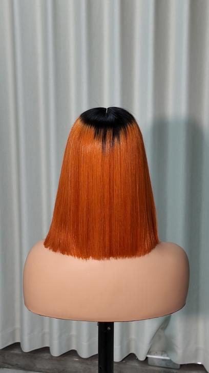 Worry Freeshop 10 inch dark root ginger orange straight bob human hair wig back view