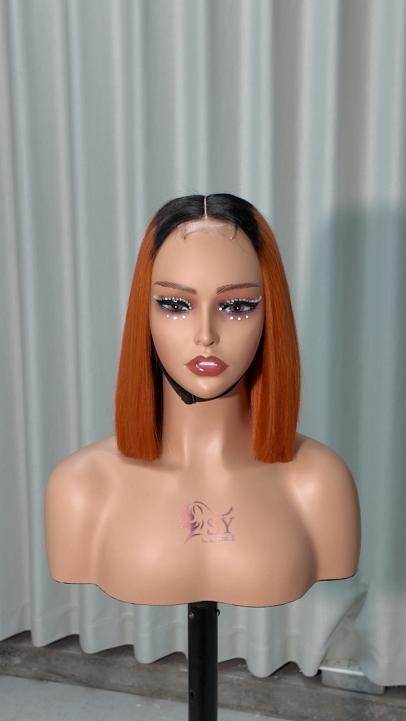 Worry Freeshop 10 inch dark root ginger orange 2x6 lace human hair bob wig front view
