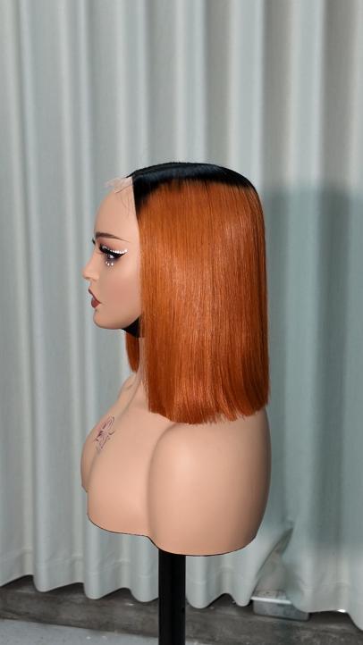 Side view of Worry Freeshop 10 inch dark root ginger orange straight bob wig