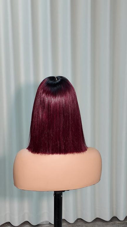 Back view of Worry Freeshop 10 inch dark root wine red straight bob human hair wig