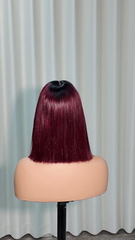 Back view of Worry Freeshop 10 inch dark root wine red straight bob human hair wig