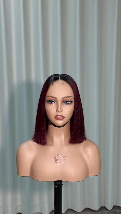 Front view of Worry Freeshop 10 inch dark root wine red 2x6 lace human hair bob wig