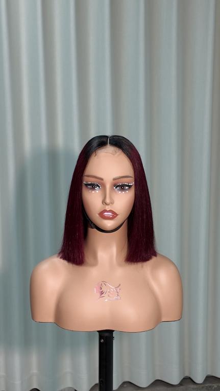 Front view of Worry Freeshop 10 inch dark root wine red 2x6 lace human hair bob wig