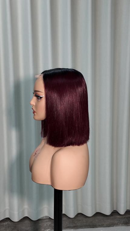 Side view of Worry Freeshop 10 inch dark root wine red straight bob human hair wig