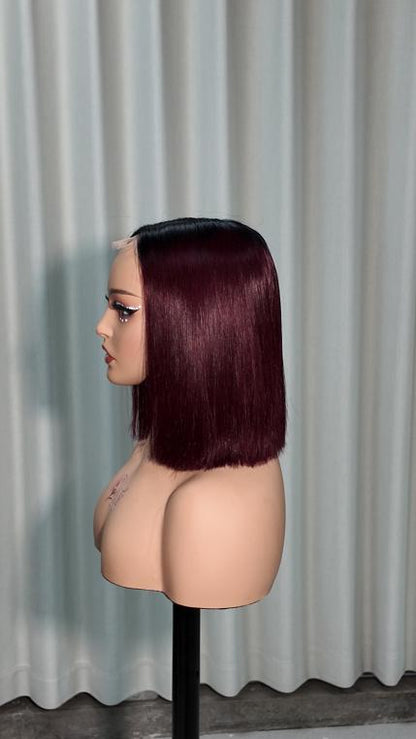Side view of Worry Freeshop 10 inch dark root wine red straight bob human hair wig