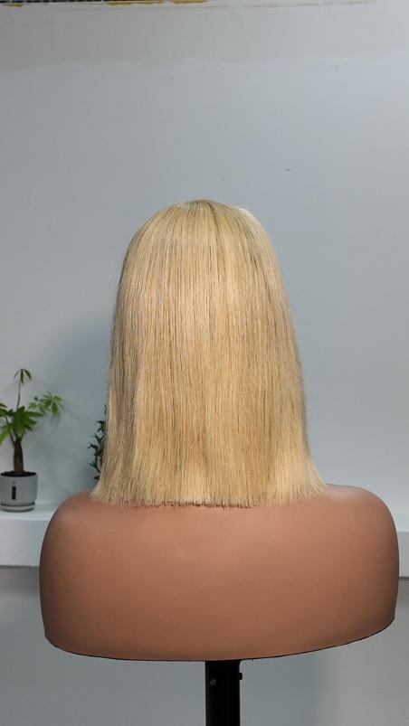 Back view of Worry Freeshop 10 inch honey blonde straight bob human hair wig