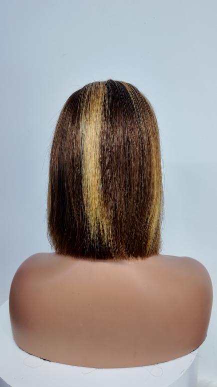 Back view of Worry Freeshop 10 inch brown and honey blonde highlight bob human hair wig