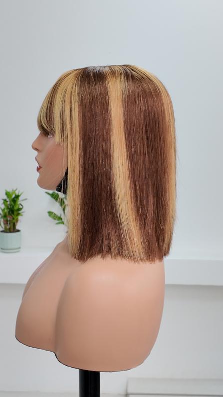 Side view of Worry Freeshop brown and honey blonde highlight straight bob wig with bangs