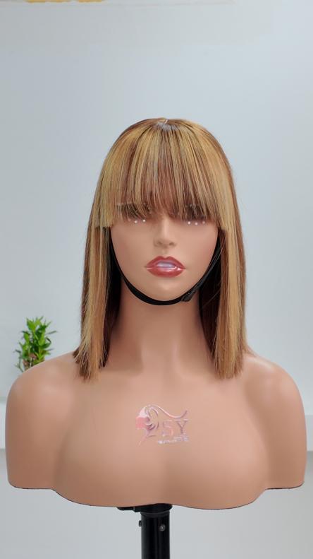 Front view of Worry Freeshop 10 inch honey blonde highlight bob human hair wig with bangs