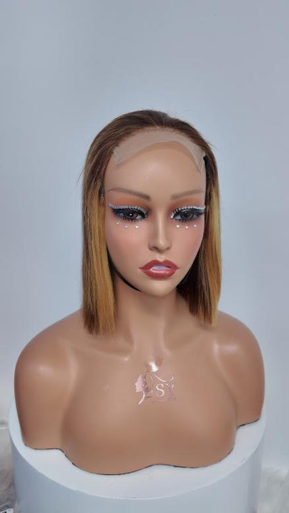 Front view of Worry Freeshop 10 inch honey blonde highlight lace front bob human hair wig
