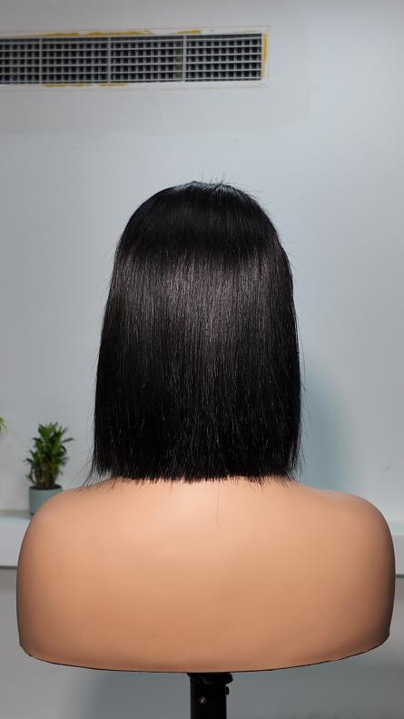 Back view of Worry Freeshop 10 inch natural black straight bob human hair wig
