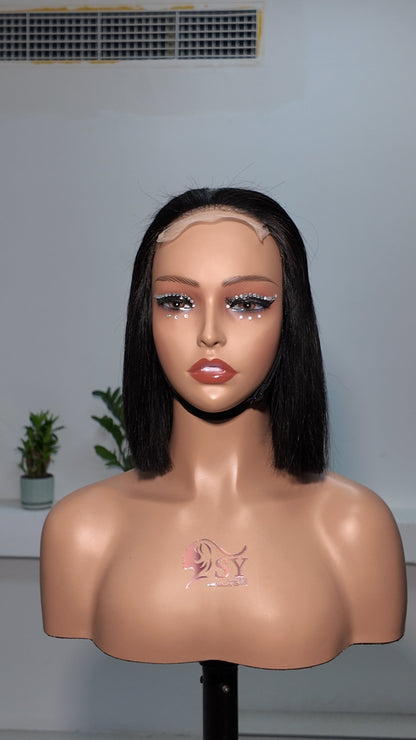 Front view of Worry Freeshop 10 inch lace front straight bob human hair wig in natural black