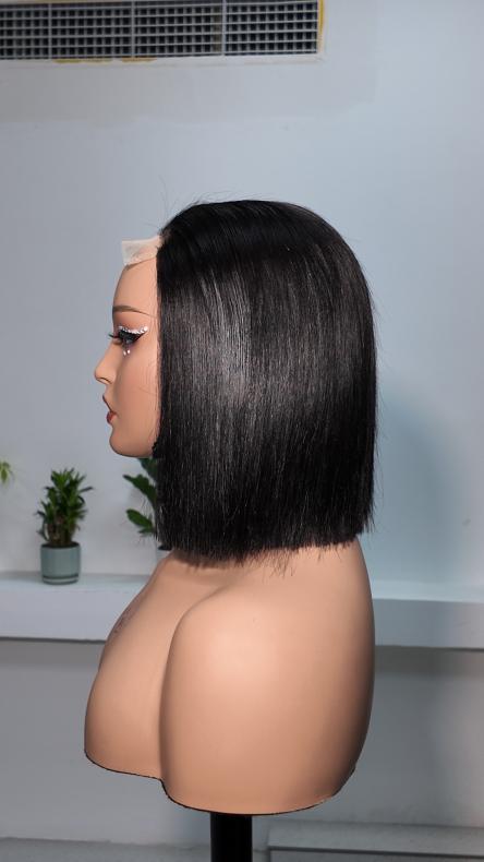 Side view of Worry Freeshop 10 inch lace front straight bob human hair wig in natural black