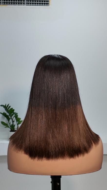 Worry Freeshop 12-14 Inch 1x3 Lace Brown Ombre Straight Bob Human Hair Wig with Bangs