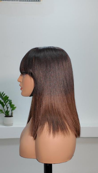Worry Freeshop 12-14 Inch 1x3 Lace Brown Ombre Straight Bob Human Hair Wig with Bangs