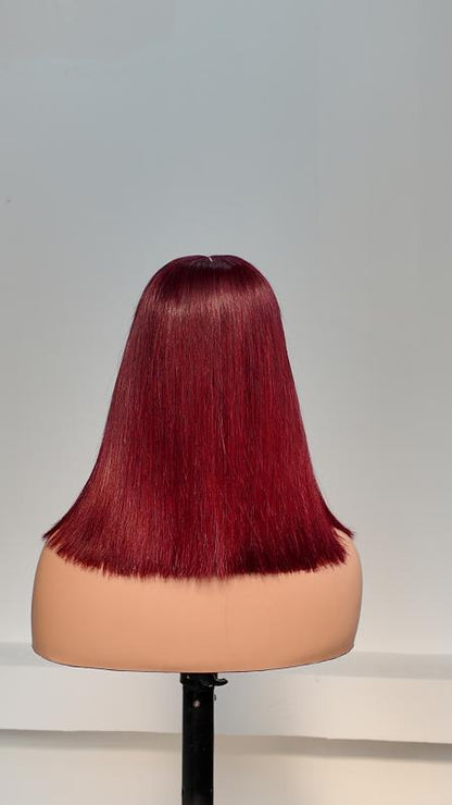Back view of Worry Freeshop 12 inch burgundy red straight bob human hair wig