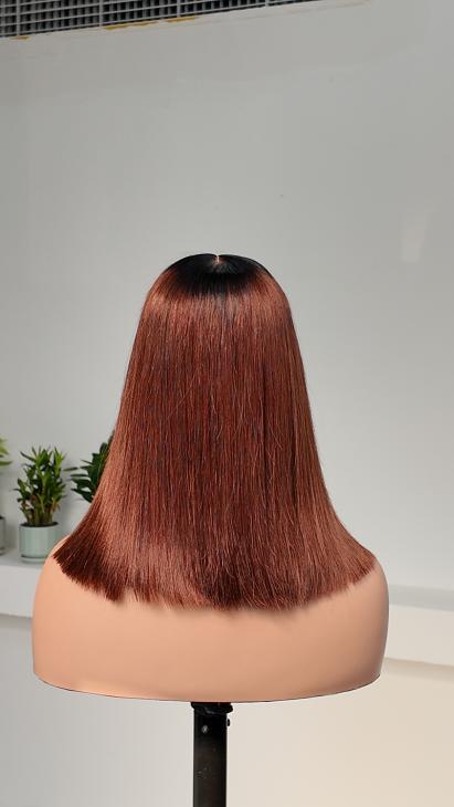 Worry Freeshop 12 inch dark root chestnut brown straight bob human hair wig back view