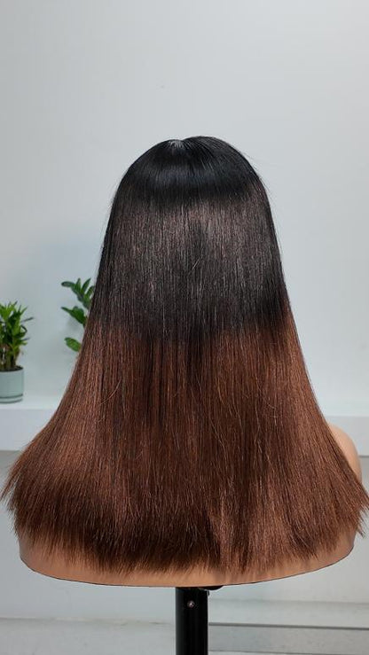 Back view of Worry Freeshop 14 inch 1x3 lace brown ombre straight human hair wig