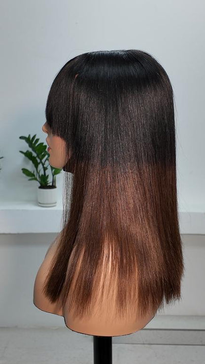 Worry Freeshop 12-14 Inch 1x3 Lace Brown Ombre Straight Bob Human Hair Wig with Bangs